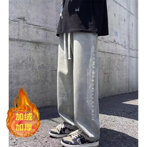 高街复古vibe黄泥色牛仔裤男秋冬加绒宽松显瘦百搭松紧腰直筒裤子图片
