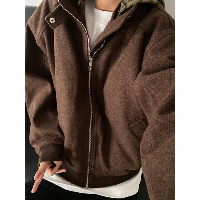 【有货】D8896-P105美式复古格子毛呢连帽外套男秋冬款假两件棉服,男装棉衣,星座603-2