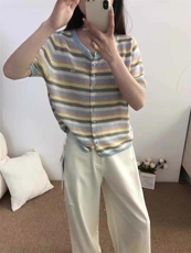 夏季圆领撞色条纹莱赛尔天丝短袖T恤女休闲套头针织薄款半袖上衣，女装T恤，唐诺
