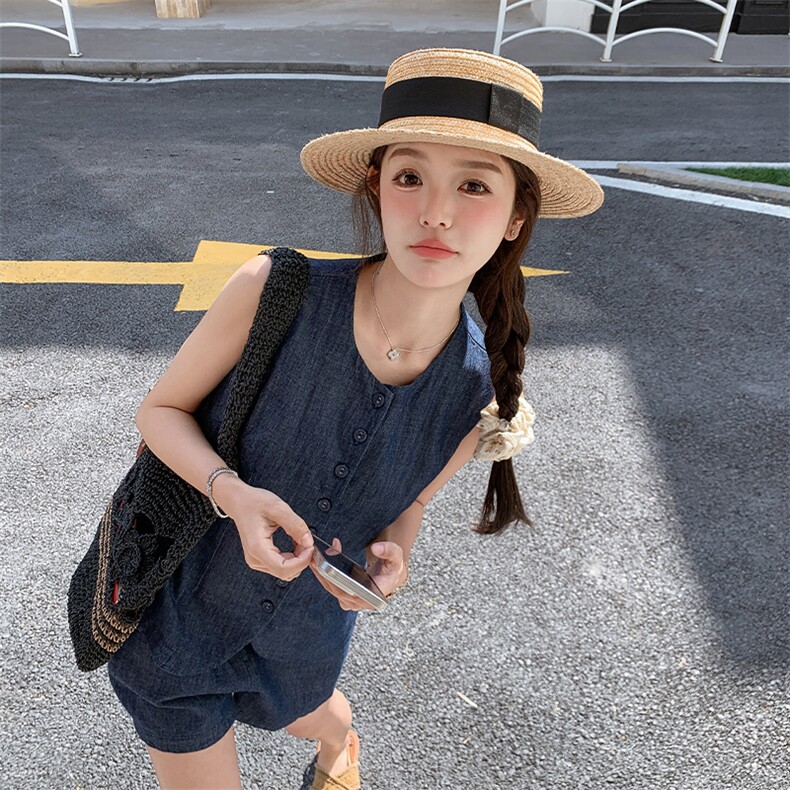 港风休闲牛仔马甲短裤套装女夏2025新款小个子显瘦遮肉爆款两件套,女装套装/套裙,2C009