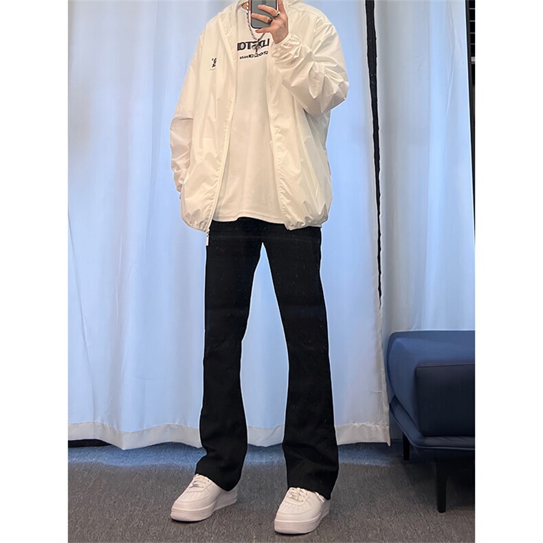 高街vibe纯黑色牛仔裤男款夏季修身直筒弹力微喇叭裤 控价68图片
