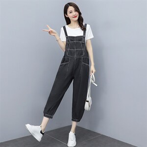 短袖牛仔背带裤套装女2023夏季新款女装韩版时尚休闲两件套套裤潮图片