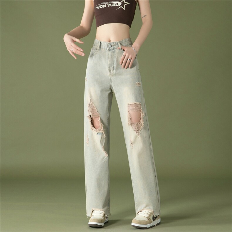 k1019-p50-控78 M-5XL 现货oversize cleanfit风黄泥牛仔裤破洞图片