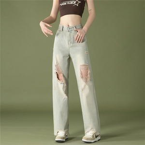 k1019-p50-控78 M-5XL 现货oversize cleanfit风黄泥牛仔裤破洞图片
