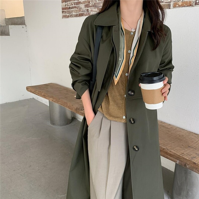 现货日系复古拼色长款风衣，女装风衣，汐美