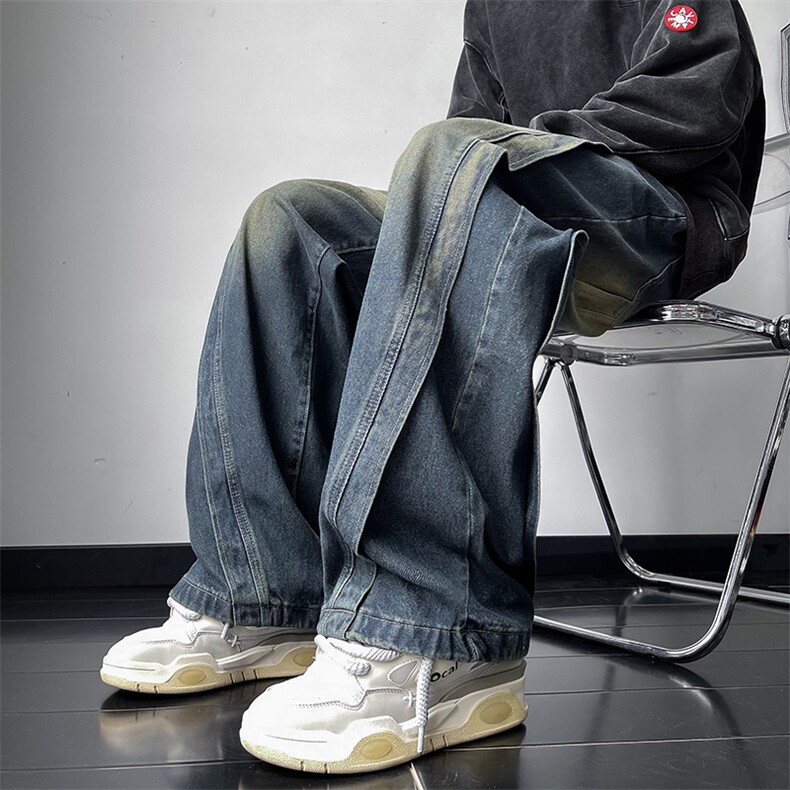 牛仔裤男秋季美式复古痞帅拼接水洗宽松直筒阔腿休闲长裤HN10-P48图片