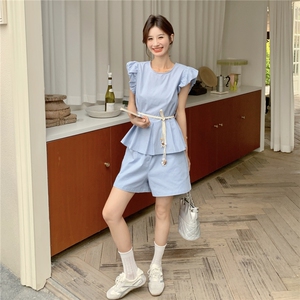 法式气质减龄收腰飞飞袖上衣套装女2025夏季新款超好看短裤两件套图片