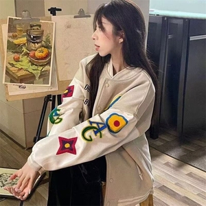 1506-1/JA221/P77美式碎花毛巾绣植绒夹克杏色单排扣棒球服男女图片