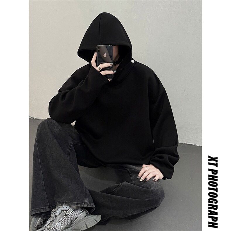 白敬亭的设计感太空棉连帽情侣卫衣纯色百搭上衣宽松外套,女装短外套,电商A341