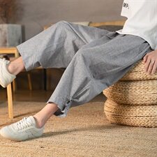 大码中国风细格子休闲裤2021夏季亚麻盘扣男裤七分裤D634P55，男装休闲裤，星座312B-2