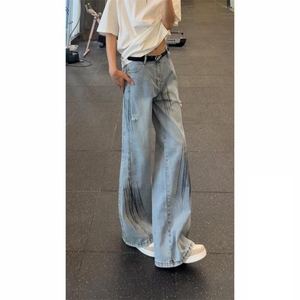 浅蓝色弯刀破洞牛仔裤男夏薄款美式高街复古裤子高个子直筒微喇裤