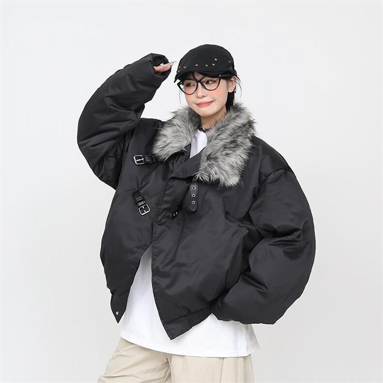 美式甜辣短款毛领棉服棉衣外套女2025冬季新款夹棉棉袄外套图片
