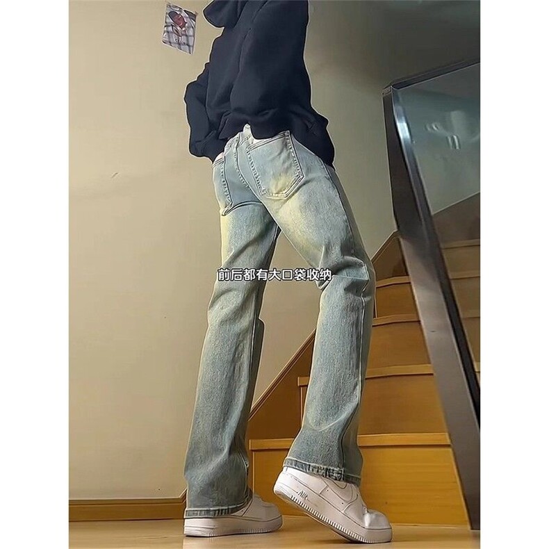 复古蓝弯刀牛仔裤男款夏季美式hiphop裤子高街微喇直筒裤水洗加绒,男装牛仔裤,四季星座505