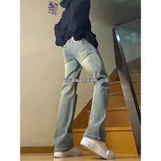 复古蓝弯刀牛仔裤男款夏季美式hiphop裤子高街微喇直筒裤水洗加绒，男装牛仔裤，四季星座505