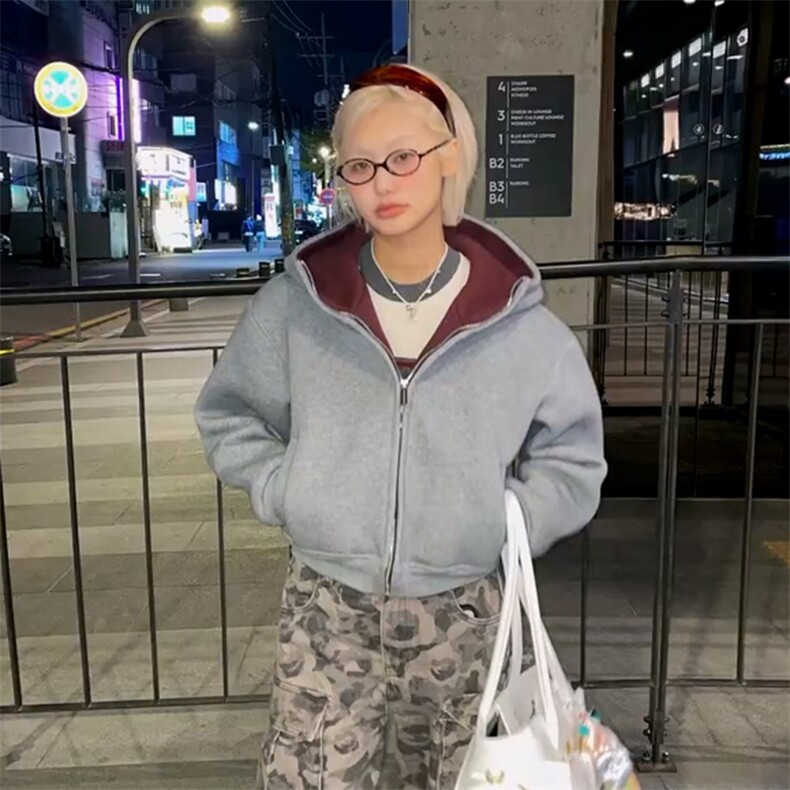 抖音得物高品质秋冬美式高街重磅结构双层双面连帽卫衣外套XS107，女装短外套，电商A486-1