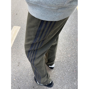 军绿色三条杠条纹裤子男秋冬加绒速干直筒工装裤美式运动休闲长裤图片