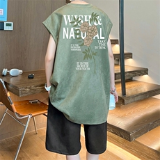 直播美式麂皮绒宽松背心无袖t恤短裤大码两件套套装TZ44-P58，男装T恤，电商A486