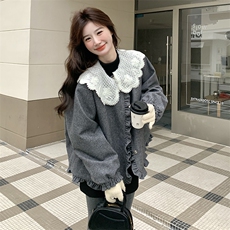 灰色蕾丝娃娃领羽绒服内胆女短款2025冬季新款独特设计感保暖外套，女装羽绒服，2C239