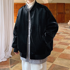 2023冬季新款男士潮牌格子PU皮棒球服棉衣黑色外套MYTC192P115，男装棉衣，电商B220