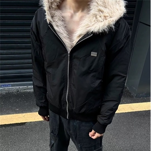 拉链新款青少年潮文艺潮流毛领连帽棉服宽松短款外套简约日系印花图片