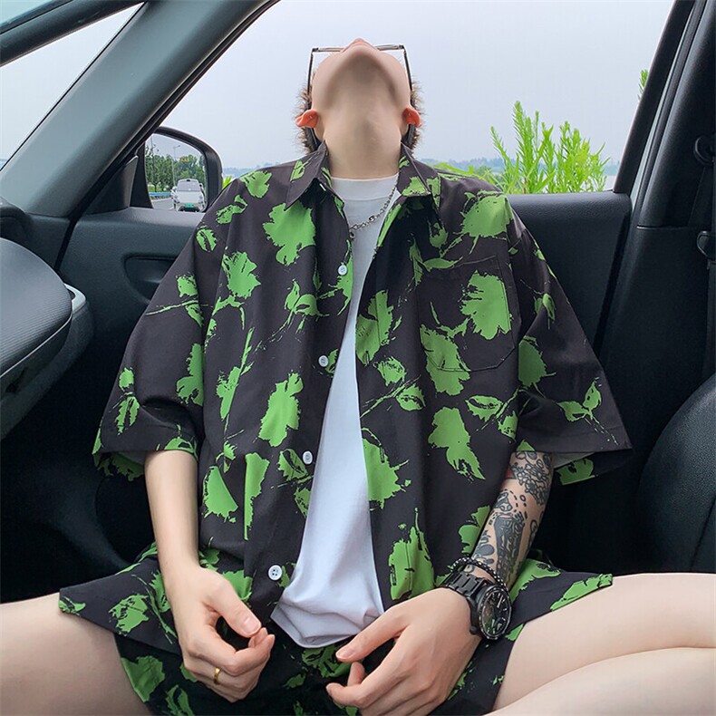 2025夏碎花印花冰丝凉感短袖衬衫薄套装TZ5633/特P45黑色6,男装休闲套装,电商A094