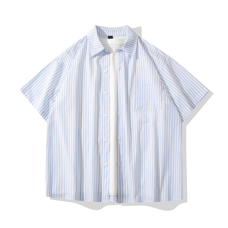 B413-1-CS385日系复古条纹短袖衬衫男潮流宽松百搭休闲港风衬衣服,男装衬衫,电商B413-1