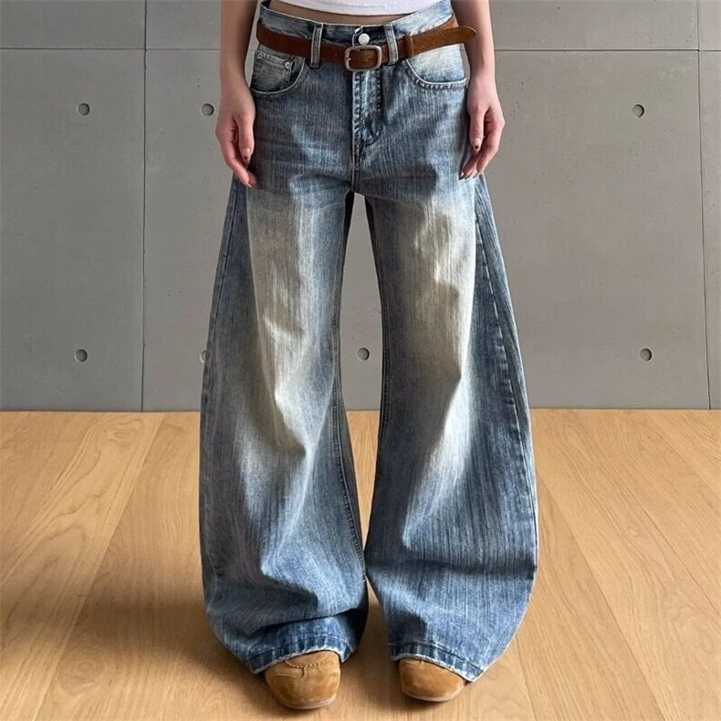 美式复古水洗弯刀牛仔裤女设计感宽松百搭显瘦高腰阔腿长裤潮，女装牛仔裤，星座506A