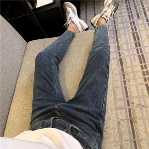 B230怀旧深蓝色弹力修身小脚牛仔简约百搭显瘦九分裤图片