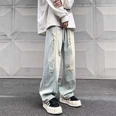 K83美式高街破洞牛仔裤男复古宽松阔腿欧美vibe直筒男生裤子，男装牛仔裤，星座308A-1（原309B-1）