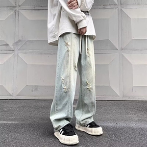 K83美式高街破洞牛仔裤男复古宽松阔腿欧美vibe直筒男生裤子图片