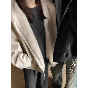 现货(网图)连帽座山雕荔枝纹皮拼兔毛美式情侣外套 313B-PM01-P85图片