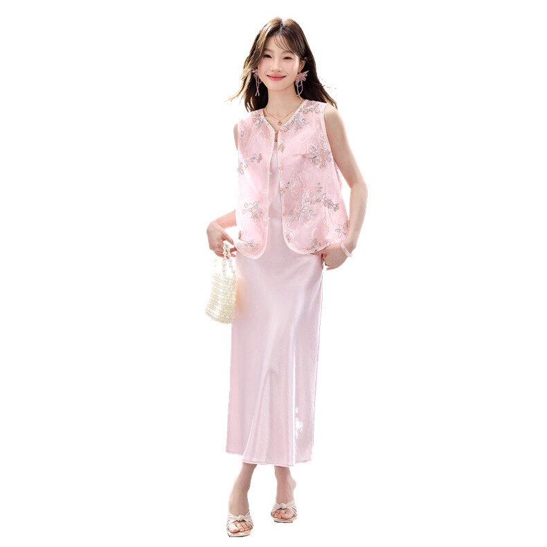 夏季新款现货！2026新中式洋气时尚重工马甲+珍珠吊带裙两件套女,女装套装/套裙,宝儿家