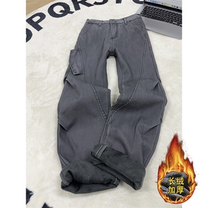 B221美式ins高街斜切宽松加绒洗褪工装牛仔裤LK25602-特P60控108