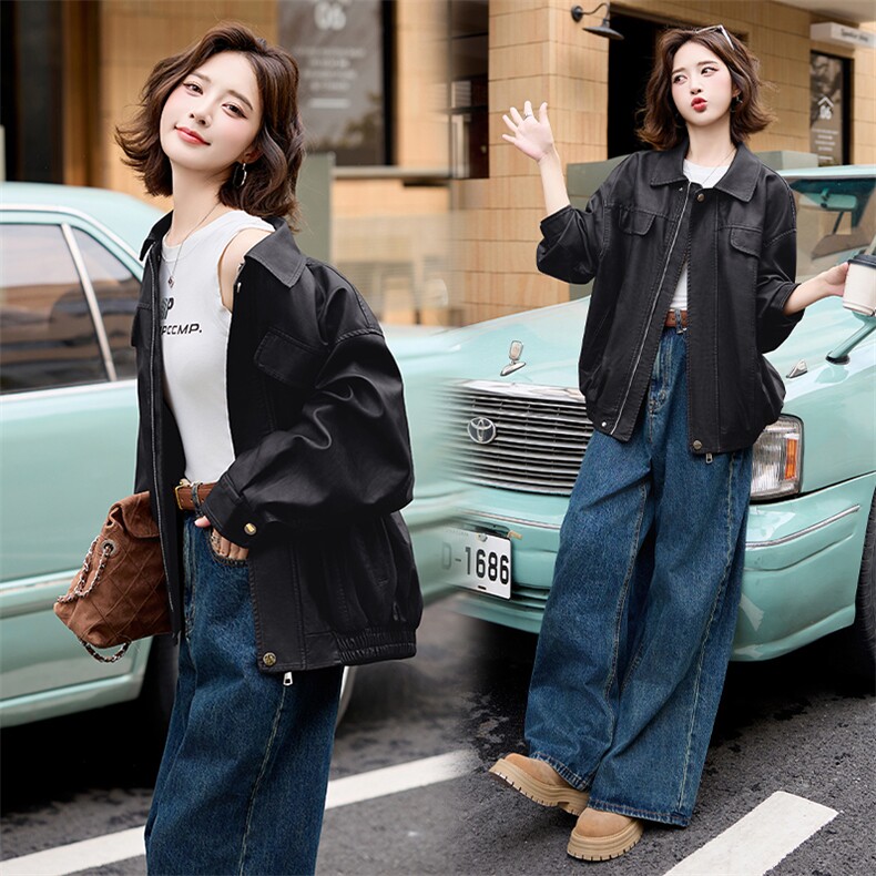 美拉德皮衣外套女早秋学院风棕色皮衣美式痞帅皮夹克2024新款高级，女装皮衣，跑量工厂店