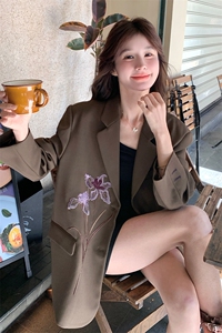 咖色美拉德印花西服上衣女2025春秋新款韩版休闲显瘦气质西装外套图片