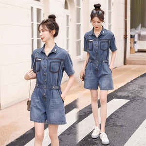 时尚显瘦牛仔连体裤女夏季新款高腰宽松短裤学生百搭休闲工装裤图片