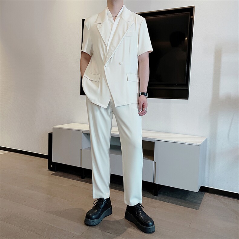 吴磊同款夏痞帅冰丝薄款短袖西服套装男时尚西装两件套TZ257-P150图片