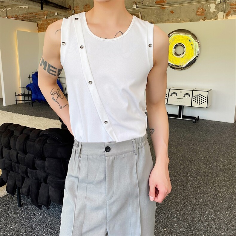 夏季痞帅紧身圆领无袖男女背心个性纽扣设计无坎肩黑心158P55，男装背心/马甲，星座901-1（原C217）