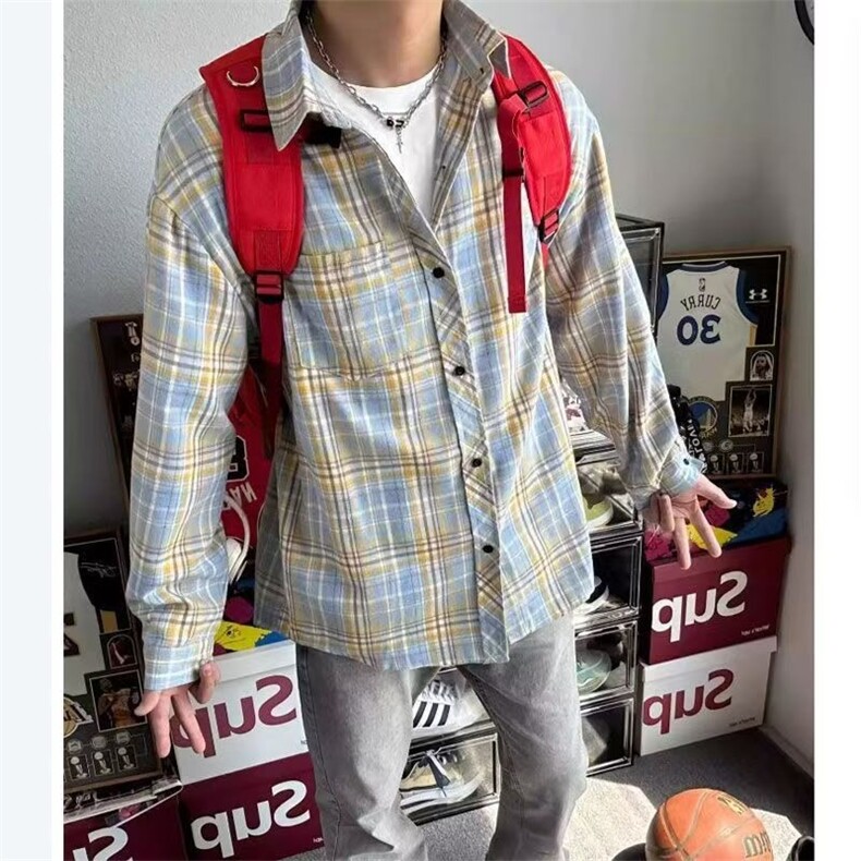 有货格子衬衫男长袖春夏季新款港风复古高街ins潮牌休闲宽松衬,男装衬衫,星座218-1（原230）