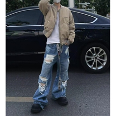 高街水洗刀割破洞微喇牛仔裤男女复古直筒显瘦设计长裤NK8698，男装牛仔裤，星座1116A（原606A-3）