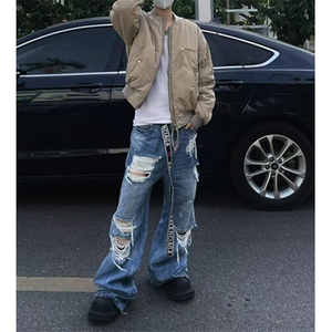 高街水洗刀割破洞微喇牛仔裤男女复古直筒显瘦设计长裤 NK8698图片
