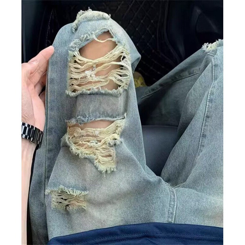 破洞阔腿牛仔裤男女新款复古宽松直筒设计显瘦拖地裤NB818,男装牛仔裤,星座1116A（原606A-3）