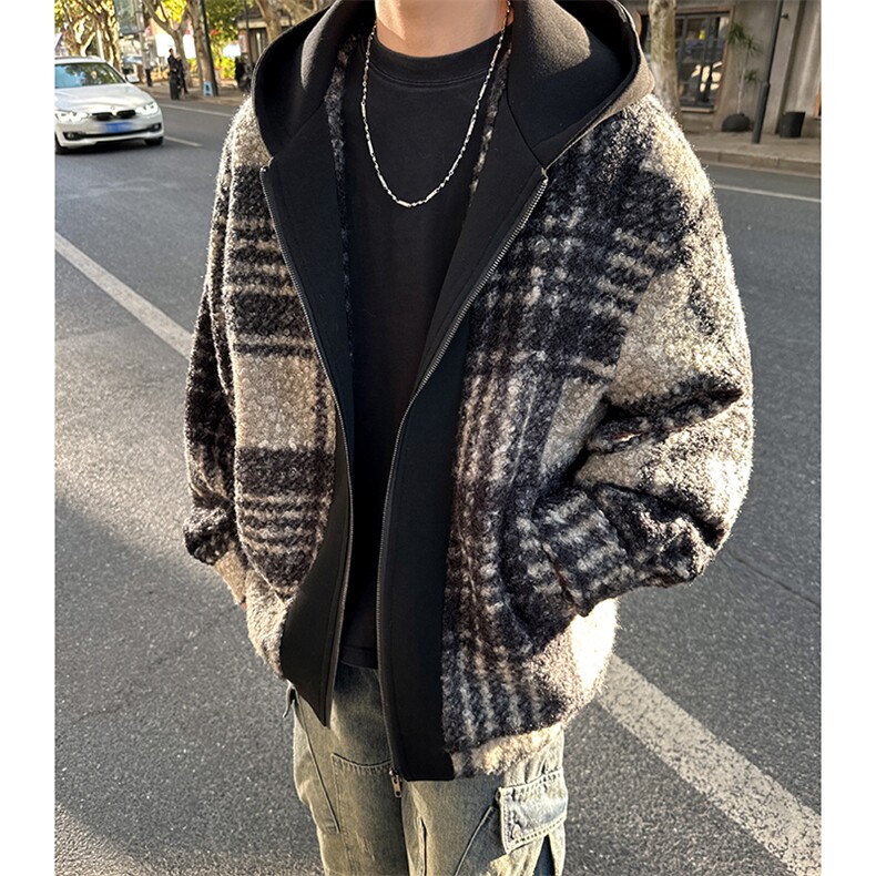 秋冬粗格子经典两色连帽男大休闲百搭夹克外套男A071-L23-P118,男装夹克,电商A071