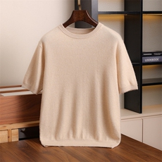 高端山羊绒衫短袖男圆领休闲纯色套头宽松羊毛针织半袖T恤打底衫，男装羊绒套衫，伊绒腾羊绒
