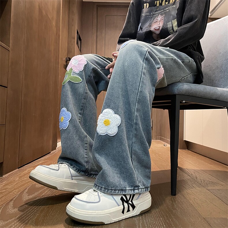 潮牌花朵刺绣牛仔裤男街头痞帅直筒裤子美式水洗复古休闲长裤子,男装牛仔裤,星座410-7
