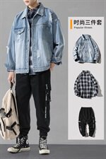 男士休闲套装夹克搭配2021新款秋季牛仔潮牌组合三件套DF150T，男装夹克，电商A102