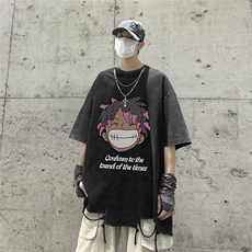 港风23新款夏季时尚卡通印花流苏圆领宽松短袖T恤DT6341P45控68，男装T恤，电商A268A