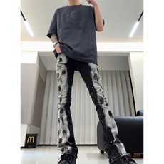 美式高街涂鸦泼墨微喇弹力牛仔裤男款潮牌欧美修身显瘦百搭长裤子，男装牛仔裤，四季星座505
