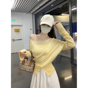 EE038-P55六羊毛长袖毛衣2024设计感纯色露肩短款保暖上衣针织衫图片