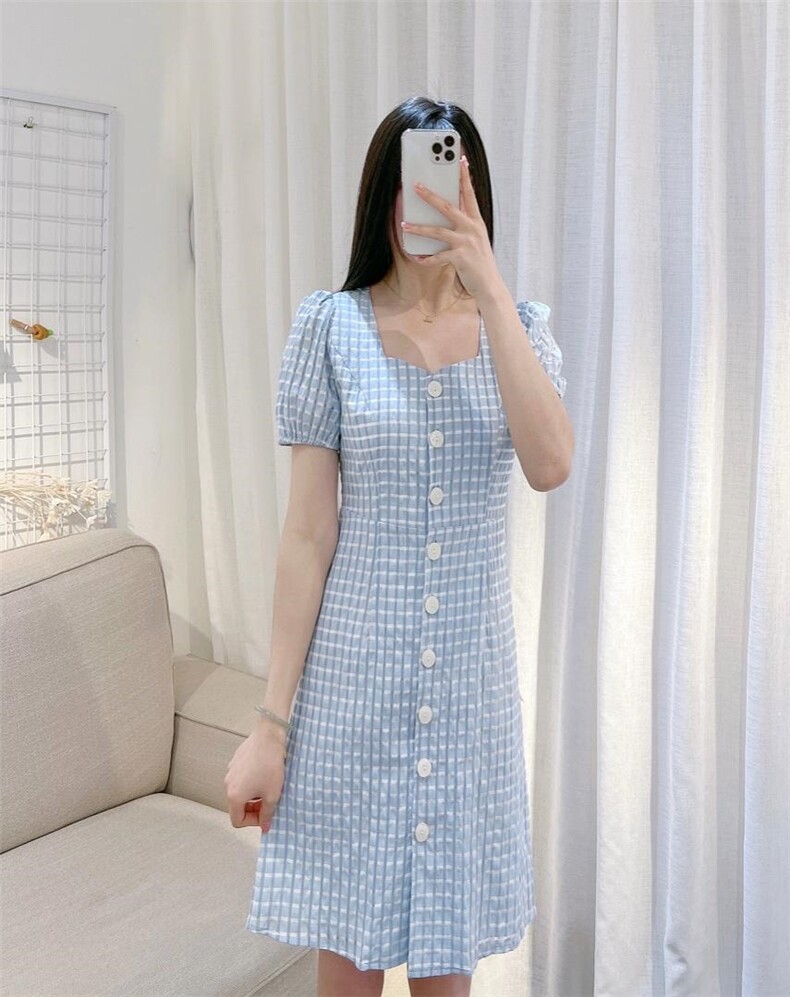 DINOBIENS【现货】夏季新款韩系方领格子连衣裙，女装连衣裙，迪诺比亚
